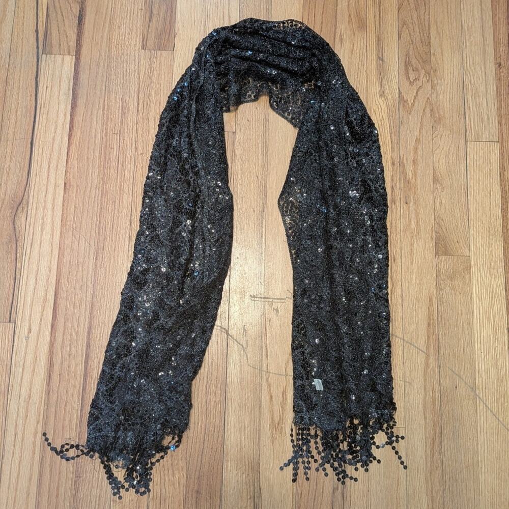Vintage 90s Style Black Sequin Whimsygoth Fringed Scarf
